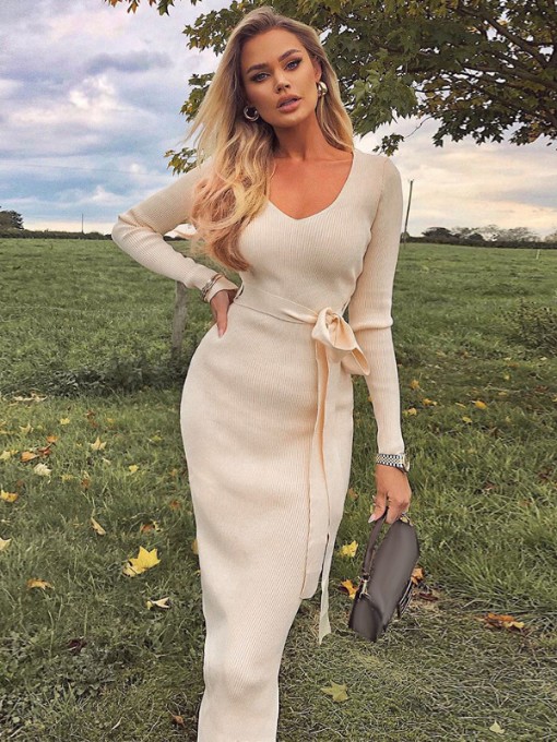 Deep V Neck Solid Long Sleeve Dresses