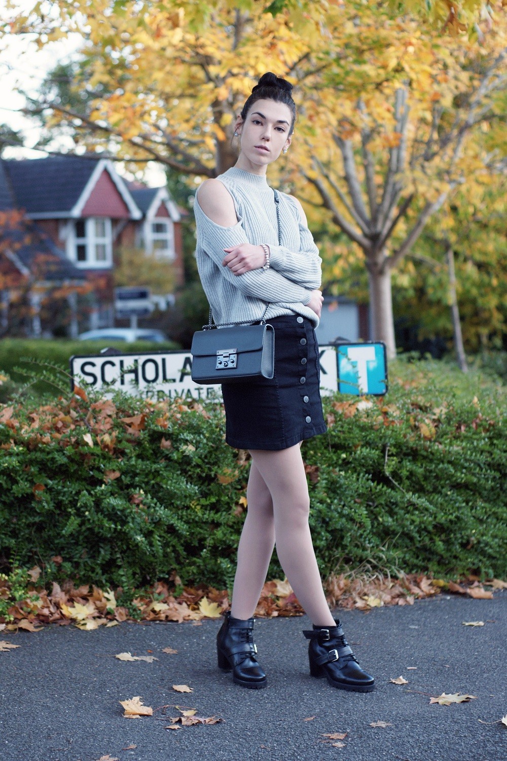 Denim skirt and cold-shoulder jumper