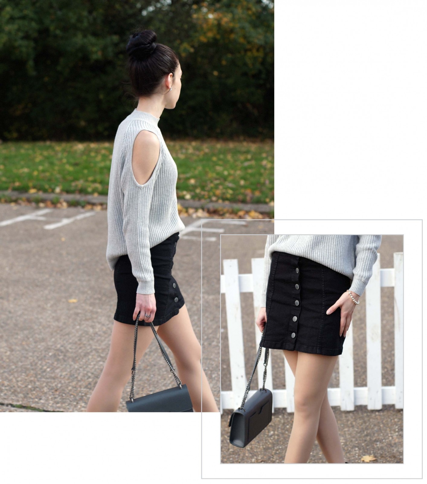 Denim skirt and cold-shoulder jumper