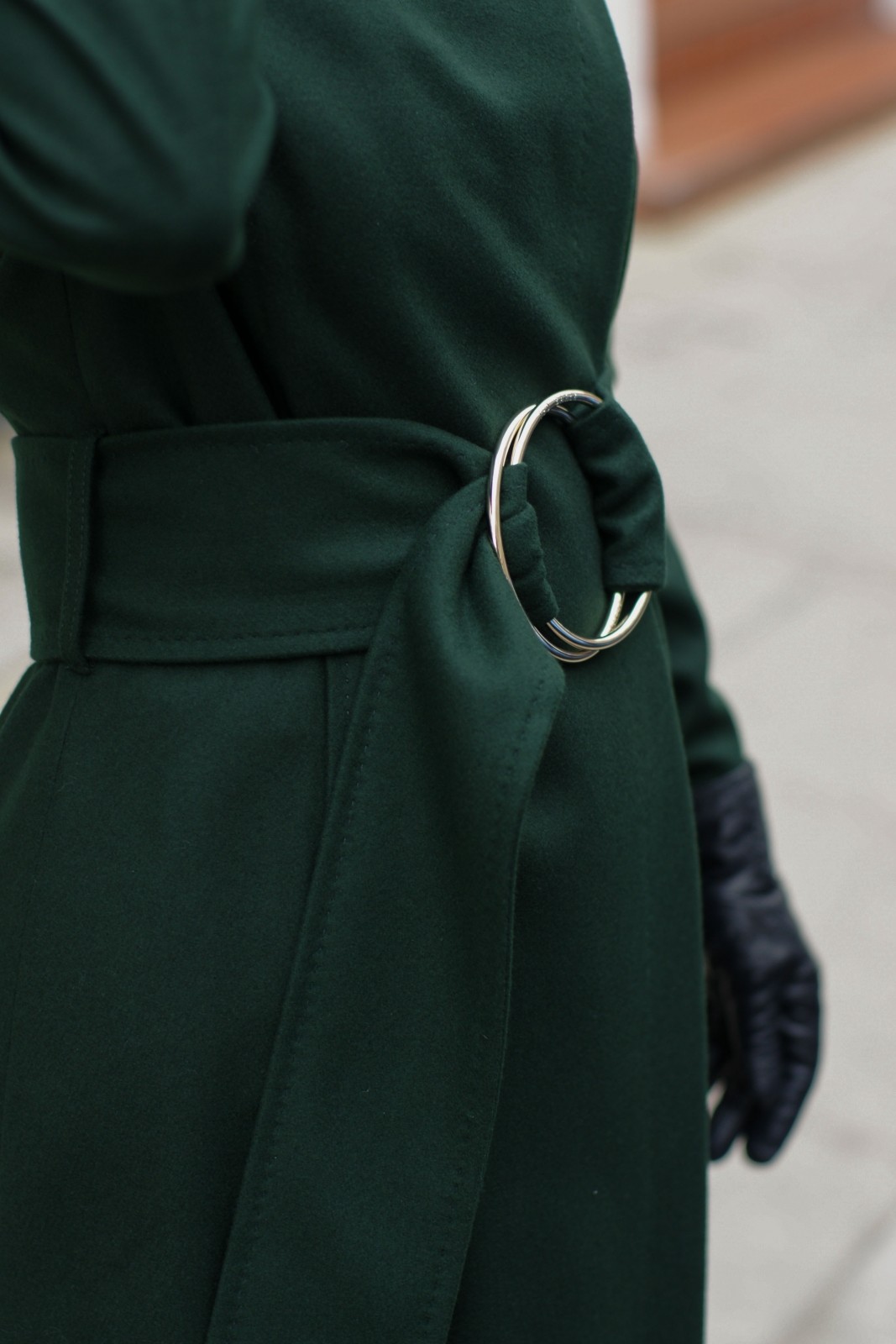 Green Belted High Neck Wool Coat Close Up
