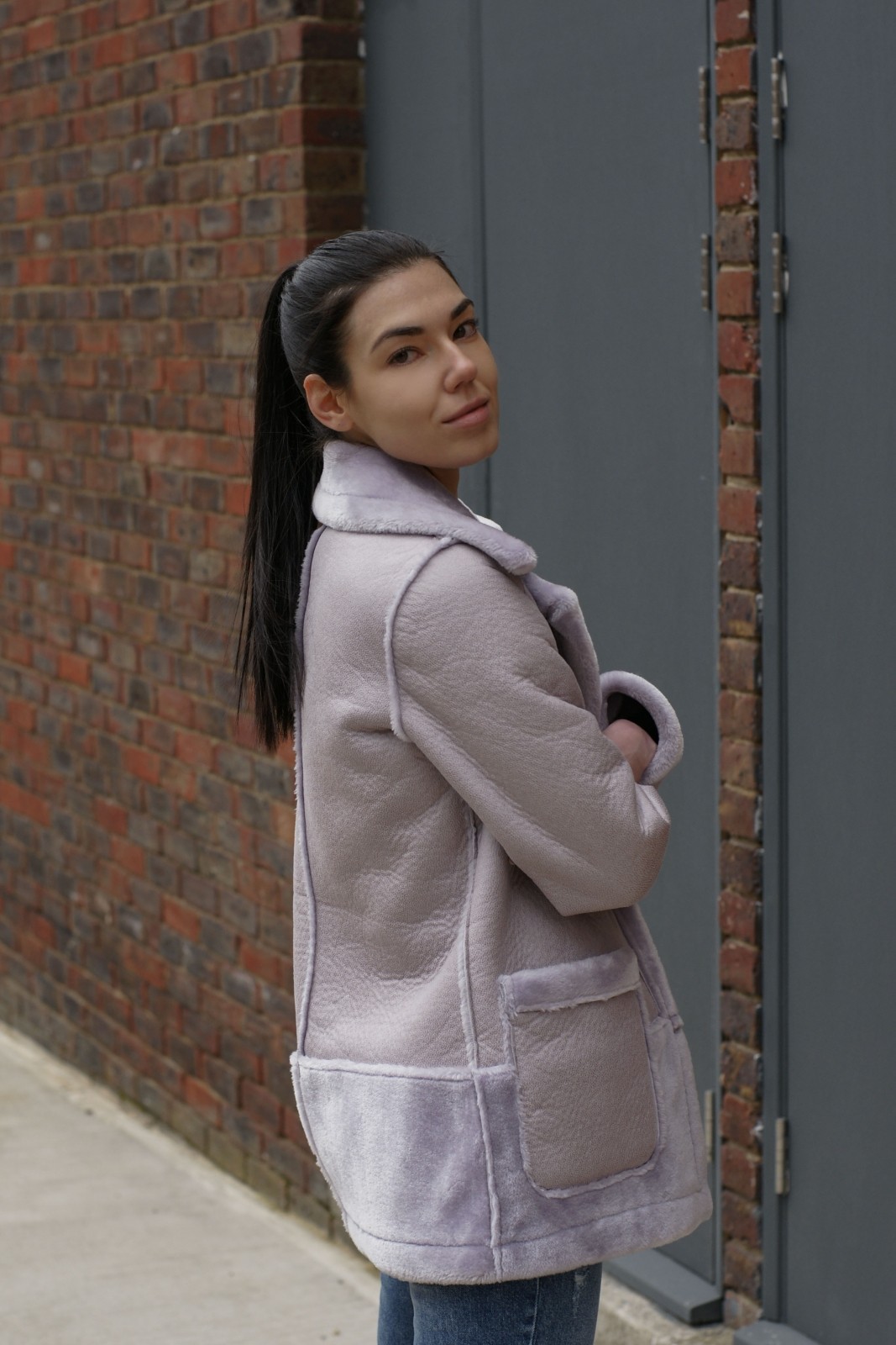 Brunette Fashion Blogger With Purple Aviator Jacket