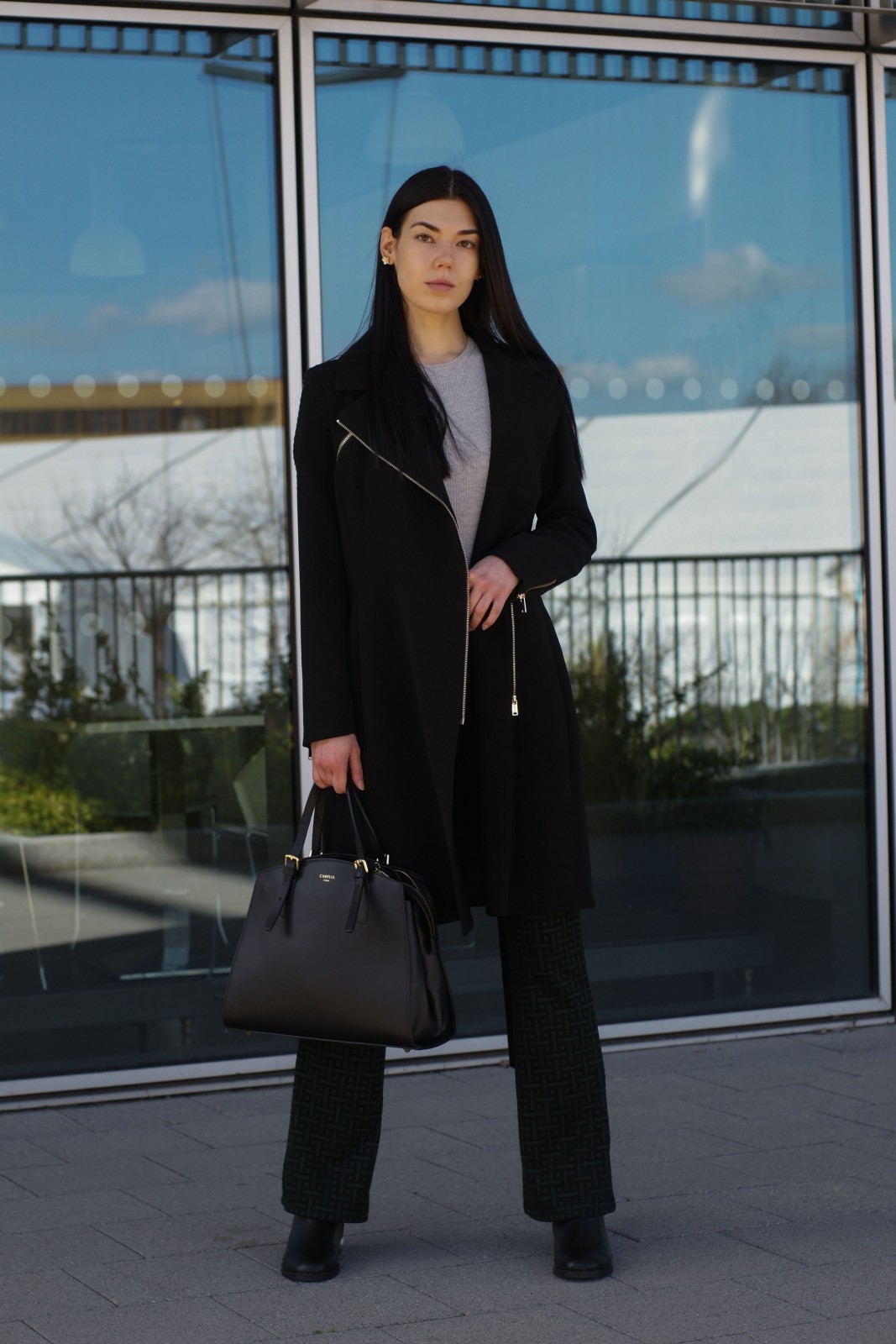 Black H&M Trench Coat and Green Geo Flared Trousers