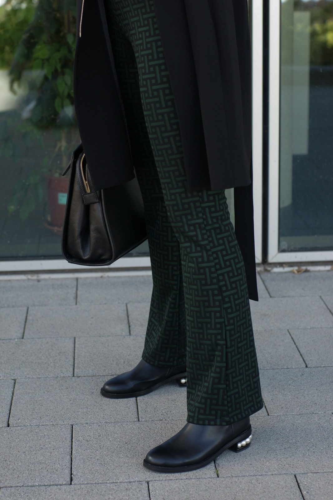 Style Inspo Green Geo Flare Trousers and Pear Ankle Boots