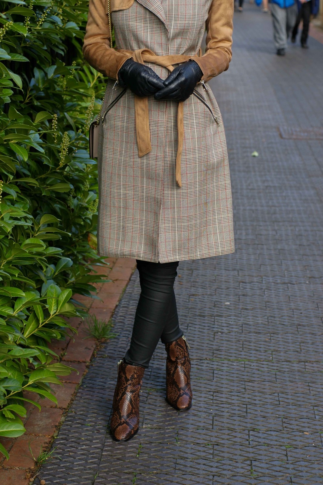 Suedette trench coat, black coated jeans and snake print boots