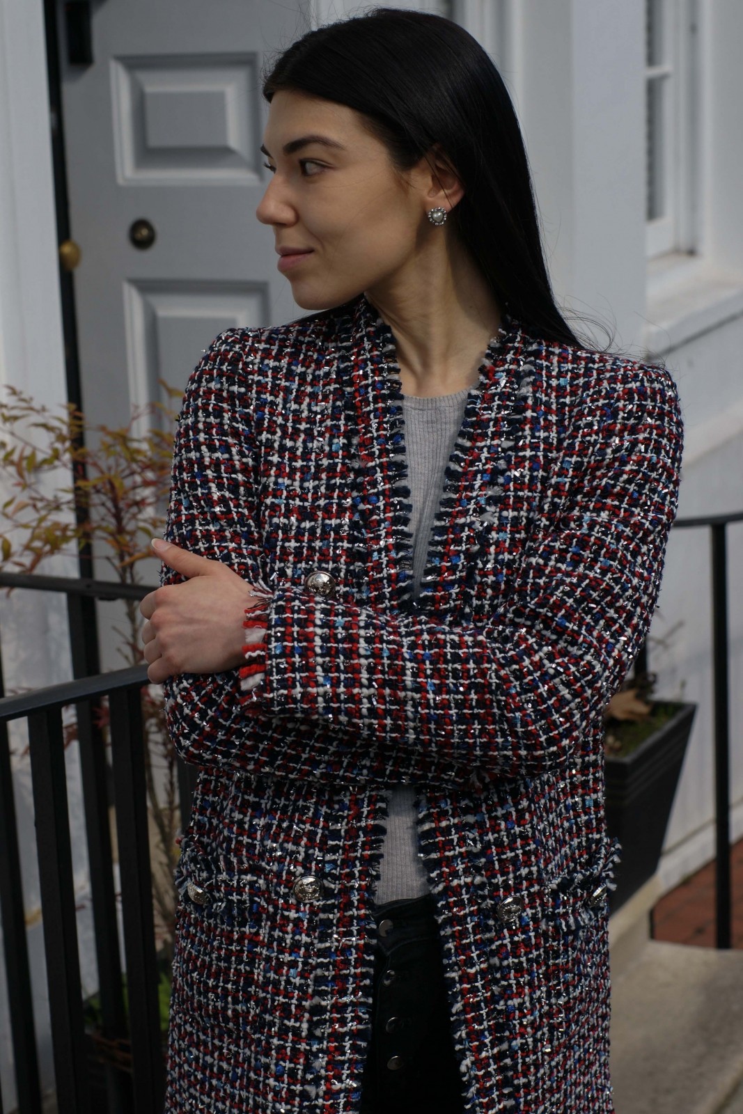 Street Style Outfit With A Boucle Blazer