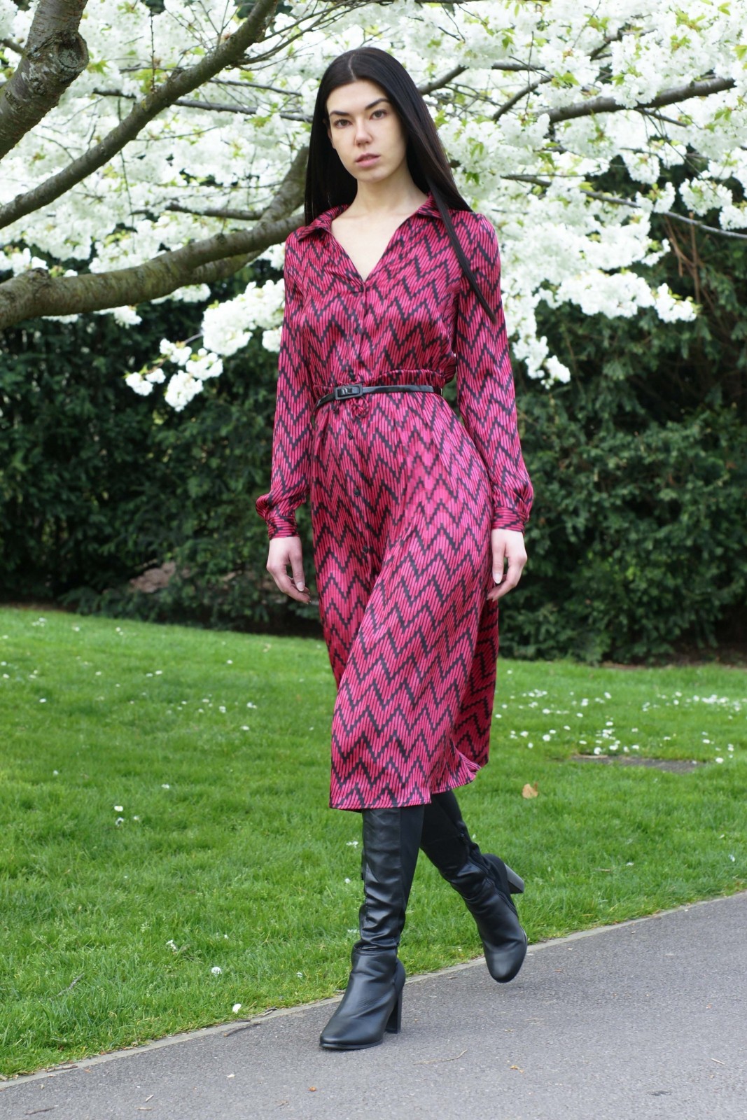Brunette Girl Wearing Long Sleeve Purple Dress from Mango with Over-the-knee black boots